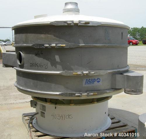 Used Sweco screener, model XS60810S, 304 stainless steel. 60" diameter, double deck, 3 separation. Plastic top cover. Driven by a 2.5 hp, 3/60/460 volt, 1140 rpm motor. Mounted on a carbon steel base.