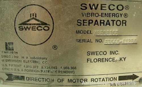 Used Sweco screener, model XS60810S, 304 stainless steel. 60" diameter, double deck, 3 separation. Plastic top cover. Driven by a 2.5 hp, 3/60/460 volt, 1140 rpm motor. Mounted on a carbon steel base.