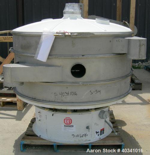 Used Sweco screener, model XS60810S, 304 stainless steel. 60" diameter, double deck, 3 separation. Plastic top cover. Driven by a 2.5 hp, 3/60/460 volt, 1140 rpm motor. Mounted on a carbon steel base.