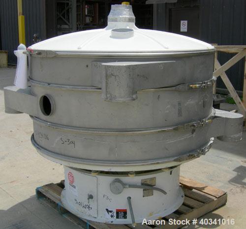Used Sweco screener, model XS60810S, 304 stainless steel. 60" diameter, double deck, 3 separation. Plastic top cover. Driven by a 2.5 hp, 3/60/460 volt, 1140 rpm motor. Mounted on a carbon steel base.