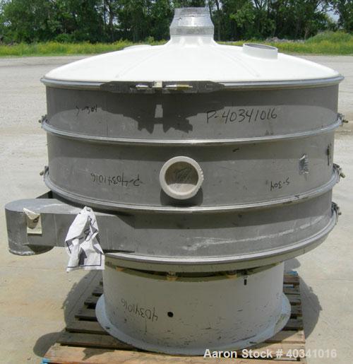 Used Sweco screener, model XS60810S, 304 stainless steel. 60" diameter, double deck, 3 separation. Plastic top cover. Driven by a 2.5 hp, 3/60/460 volt, 1140 rpm motor. Mounted on a carbon steel base.