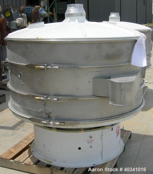 Used Sweco screener, model XS60810S, 304 stainless steel. 60" diameter, double deck, 3 separation. Plastic top cover. Driven by a 2.5 hp, 3/60/460 volt, 1140 rpm motor. Mounted on a carbon steel base.