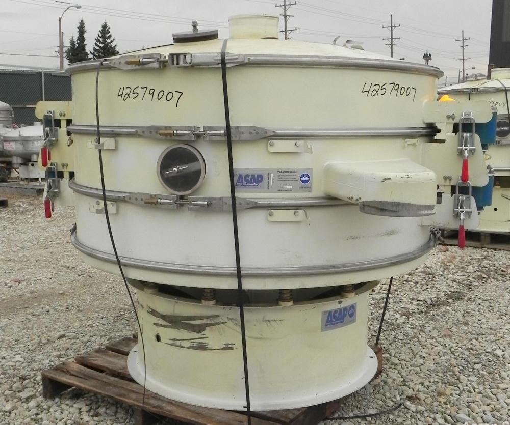 Used Sweco Screener, Model XS60C888, Carbon Steel. 60" Diameter, double deck, 3 separation. Includes a top cover. Driven by a 2 1/2 HP, 3/60/460 Volt, 1160 RPM motor. Mounted on a carbon steel base.