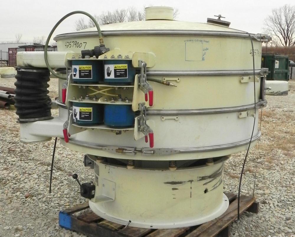 Used Sweco Screener, Model XS60C888, Carbon Steel. 60" Diameter, double deck, 3 separation. Includes a top cover. Driven by a 2 1/2 HP, 3/60/460 Volt, 1160 RPM motor. Mounted on a carbon steel base.