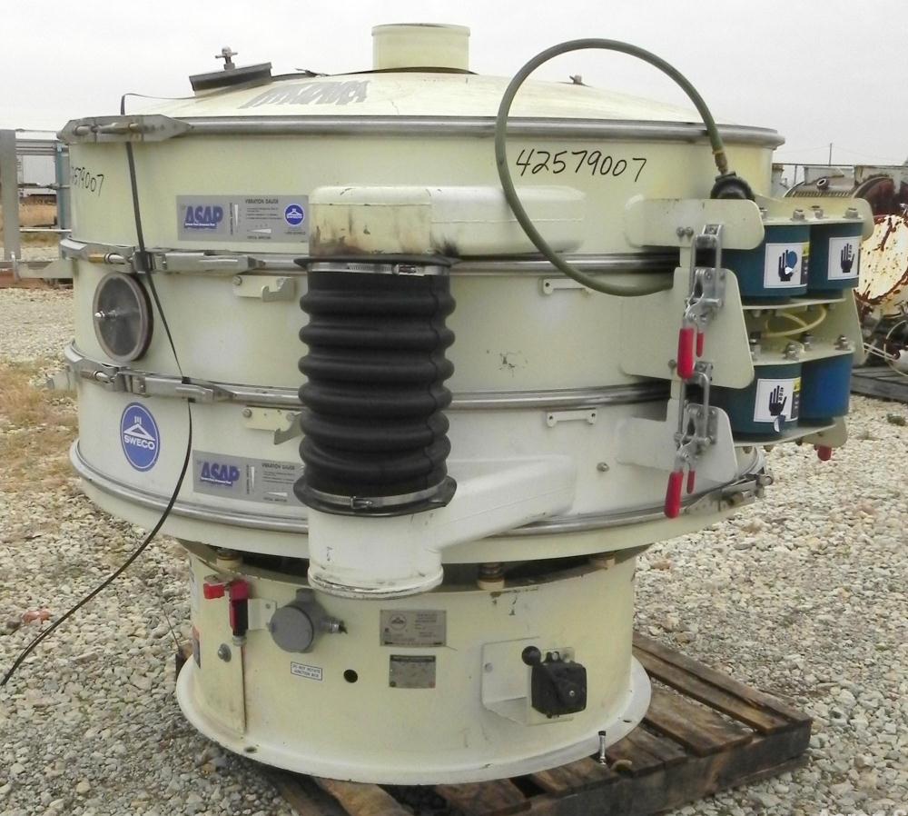 Used Sweco Screener, Model XS60C888, Carbon Steel. 60" Diameter, double deck, 3 separation. Includes a top cover. Driven by a 2 1/2 HP, 3/60/460 Volt, 1160 RPM motor. Mounted on a carbon steel base.