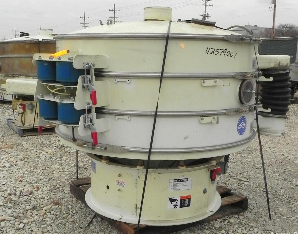 Used Sweco Screener, Model XS60C888, Carbon Steel. 60" Diameter, double deck, 3 separation. Includes a top cover. Driven by a 2 1/2 HP, 3/60/460 Volt, 1160 RPM motor. Mounted on a carbon steel base.