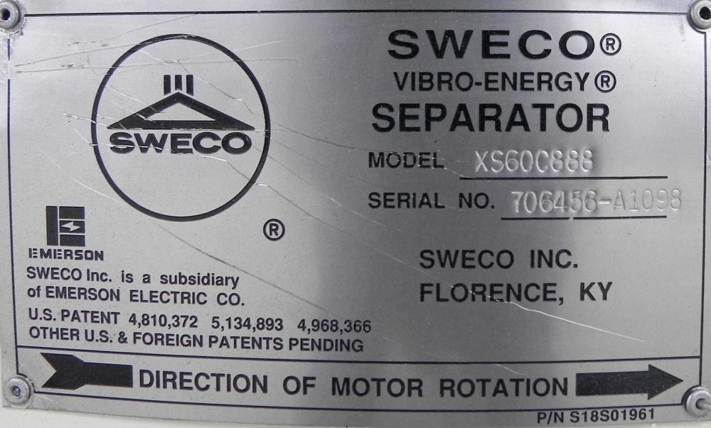 Used Sweco Screener, Model XS60C888, Carbon Steel. 60" Diameter, double deck, 3 separation. Includes a top cover. Driven by a 2 1/2 HP, 3/60/460 Volt, 1160 RPM motor. Mounted on a carbon steel base.