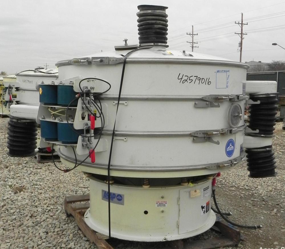Used Sweco Screener, Model XS60C888, Carbon Steel. 60" Diameter, double deck, 3 separation. Includes a top cover. Driven by a 2 1/2 HP, 3/60/460 Volt, 1160 RPM motor. Mounted on a carbon steel base.