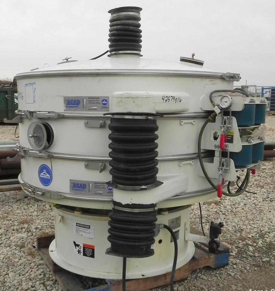 Used Sweco Screener, Model XS60C888, Carbon Steel. 60" Diameter, double deck, 3 separation. Includes a top cover. Driven by a 2 1/2 HP, 3/60/460 Volt, 1160 RPM motor. Mounted on a carbon steel base.