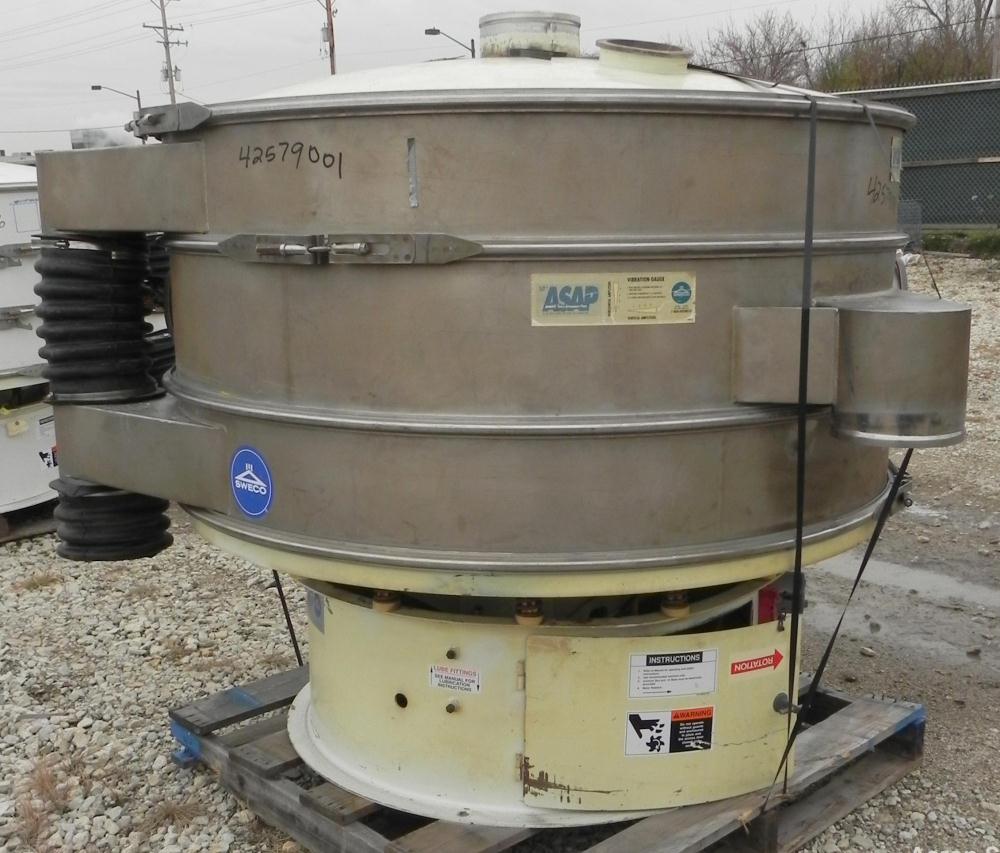 Used Sweco Screener, Model XS60S8108, 304 Stainless Steel. 60" Diameter, double deck, 3 separation. Carbon steel top cover. Driven by a 2 1/2 HP, 3/60/460 Volt, 1160 RPM motor. Mounted on a carbon st...