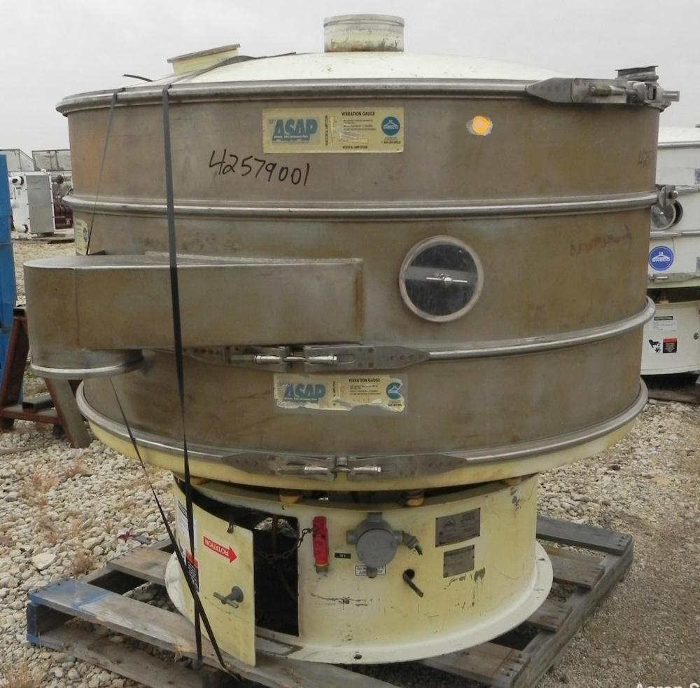 Used Sweco Screener, Model XS60S8108, 304 Stainless Steel. 60" Diameter, double deck, 3 separation. Carbon steel top cover. Driven by a 2 1/2 HP, 3/60/460 Volt, 1160 RPM motor. Mounted on a carbon st...