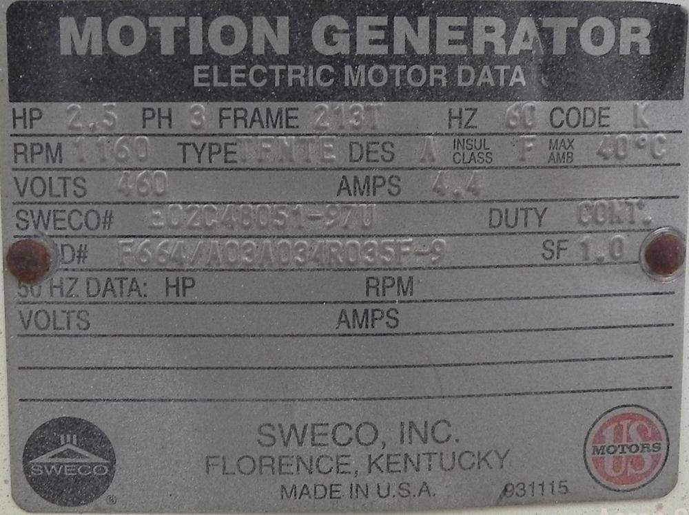 Used Sweco Screener, Model XS60S8108, 304 Stainless Steel. 60" Diameter, double deck, 3 separation. Carbon steel top cover. Driven by a 2 1/2 HP, 3/60/460 Volt, 1160 RPM motor. Mounted on a carbon st...