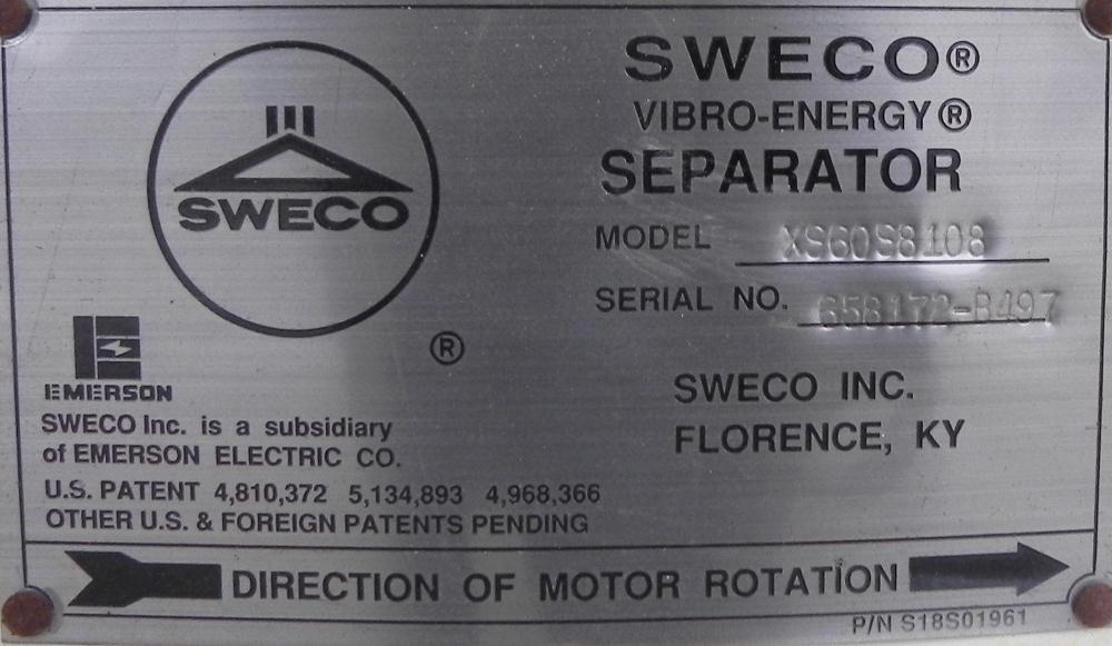 Used Sweco Screener, Model XS60S8108, 304 Stainless Steel. 60" Diameter, double deck, 3 separation. Carbon steel top cover. Driven by a 2 1/2 HP, 3/60/460 Volt, 1160 RPM motor. Mounted on a carbon st...