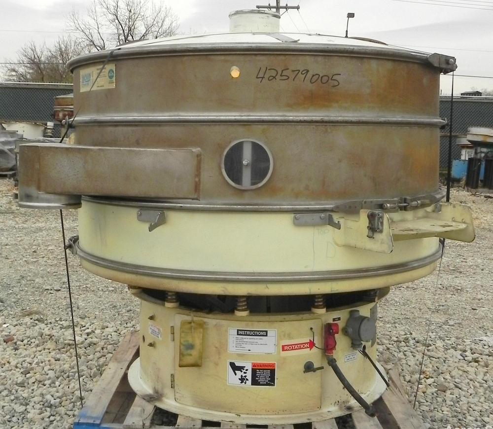 Used Sweco Screener, Model XS60S8108. 60" Diameter, double deck, 3 separation. (2) Decks 304 stainless steel, (1) deck carbon steel. Includes a top cover. Driven by a 2 1/2 HP, 3/60/460 Volt, 1160 RP...