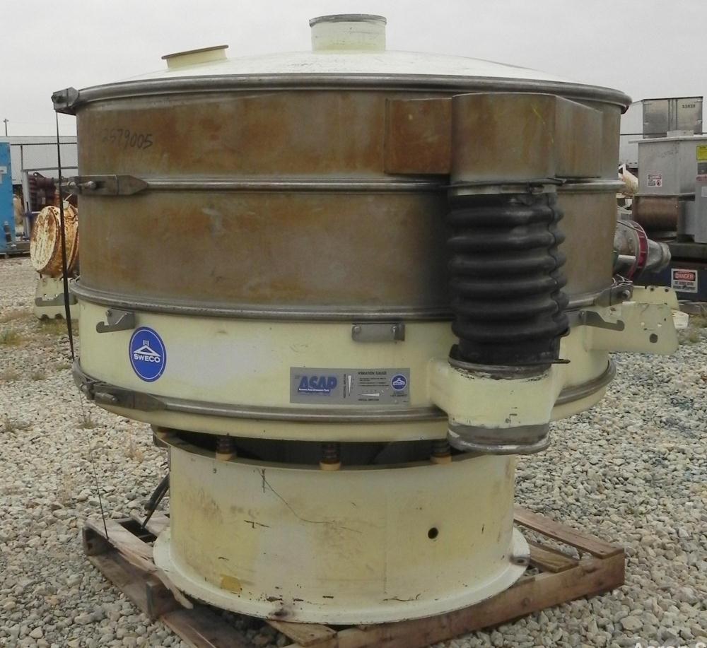 Used Sweco Screener, Model XS60S8108. 60" Diameter, double deck, 3 separation. (2) Decks 304 stainless steel, (1) deck carbon steel. Includes a top cover. Driven by a 2 1/2 HP, 3/60/460 Volt, 1160 RP...