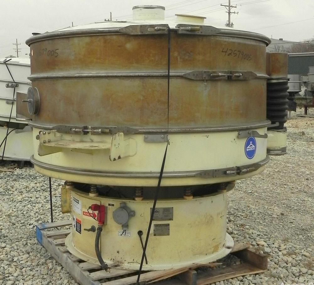 Used Sweco Screener, Model XS60S8108. 60" Diameter, double deck, 3 separation. (2) Decks 304 stainless steel, (1) deck carbon steel. Includes a top cover. Driven by a 2 1/2 HP, 3/60/460 Volt, 1160 RP...