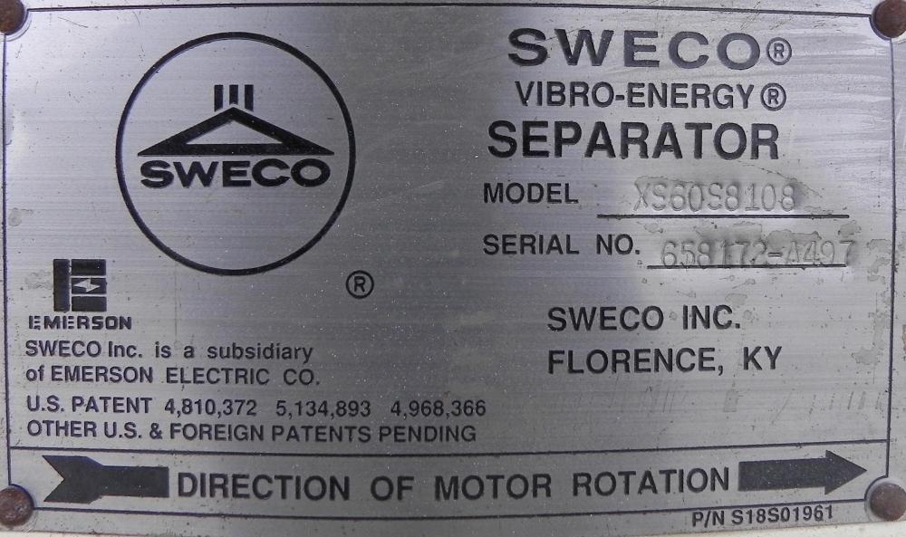 Used Sweco Screener, Model XS60S8108. 60" Diameter, double deck, 3 separation. (2) Decks 304 stainless steel, (1) deck carbon steel. Includes a top cover. Driven by a 2 1/2 HP, 3/60/460 Volt, 1160 RP...