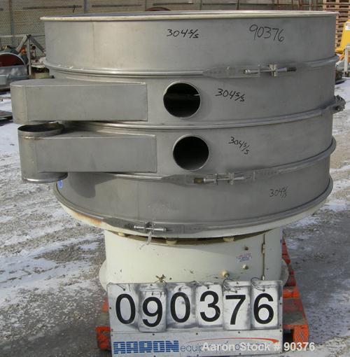 USED: Sweco screener, model XS60S8888, 304 stainless steel. 60" diameter, triple deck, 4 separation. No top cover. Driven by a 2-1/2 hp, 3/60/575 volt, 1160 rpm motor. Mounted on a carbon steel base.