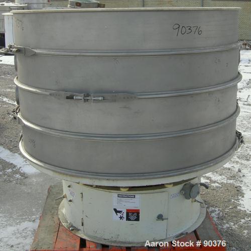 USED: Sweco screener, model XS60S8888, 304 stainless steel. 60" diameter, triple deck, 4 separation. No top cover. Driven by a 2-1/2 hp, 3/60/575 volt, 1160 rpm motor. Mounted on a carbon steel base.