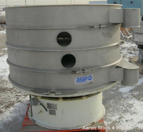USED: Sweco screener, model XS60S8888, 304 stainless steel. 60" diameter, triple deck, 4 separation. No top cover. Driven by a 2-1/2 hp, 3/60/575 volt, 1160 rpm motor. Mounted on a carbon steel base.