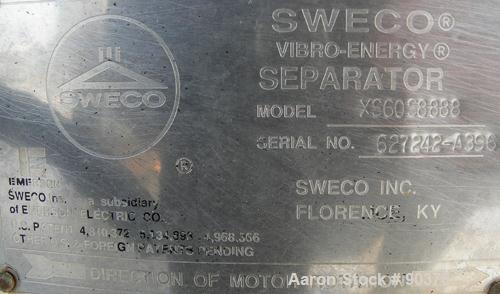 USED: Sweco screener, model XS60S8888, 304 stainless steel. 60" diameter, triple deck, 4 separation. No top cover. Driven by a 2-1/2 hp, 3/60/575 volt, 1160 rpm motor. Mounted on a carbon steel base.