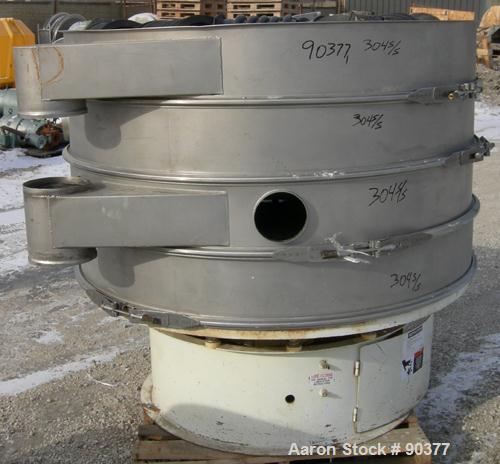 USED: Sweco screener, model XS60S8888, 304 stainless steel. 60" diameter, triple deck, 4 separation. No top cover. Driven by a 2-1/2 hp, 3/60/575 volt, 1160 rpm motor. Mounted on a carbon steel base.