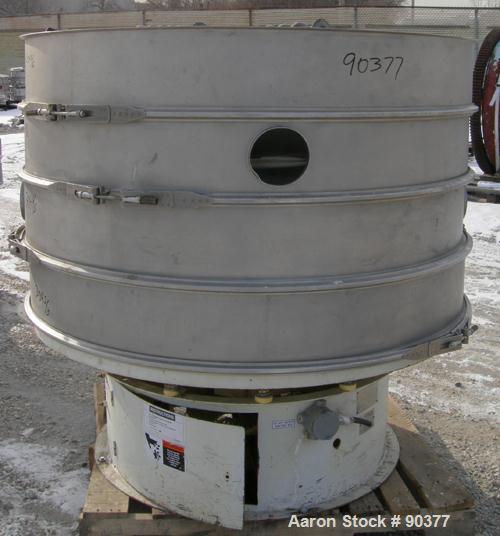USED: Sweco screener, model XS60S8888, 304 stainless steel. 60" diameter, triple deck, 4 separation. No top cover. Driven by a 2-1/2 hp, 3/60/575 volt, 1160 rpm motor. Mounted on a carbon steel base.