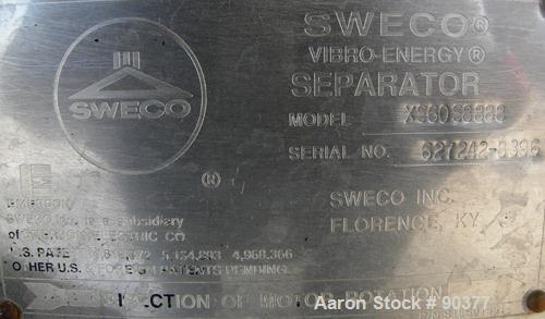 USED: Sweco screener, model XS60S8888, 304 stainless steel. 60" diameter, triple deck, 4 separation. No top cover. Driven by a 2-1/2 hp, 3/60/575 volt, 1160 rpm motor. Mounted on a carbon steel base.