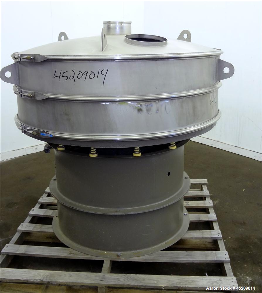 Used Sweco Screener, 60" Diameter, 304 Stainless Steel. Single deck, 2 separations, includes top cover, no screens. Driven by a 2.5 hp, 3/60/460 volt, 1160 rpm motor. Mounted on a carbon steel base. ...