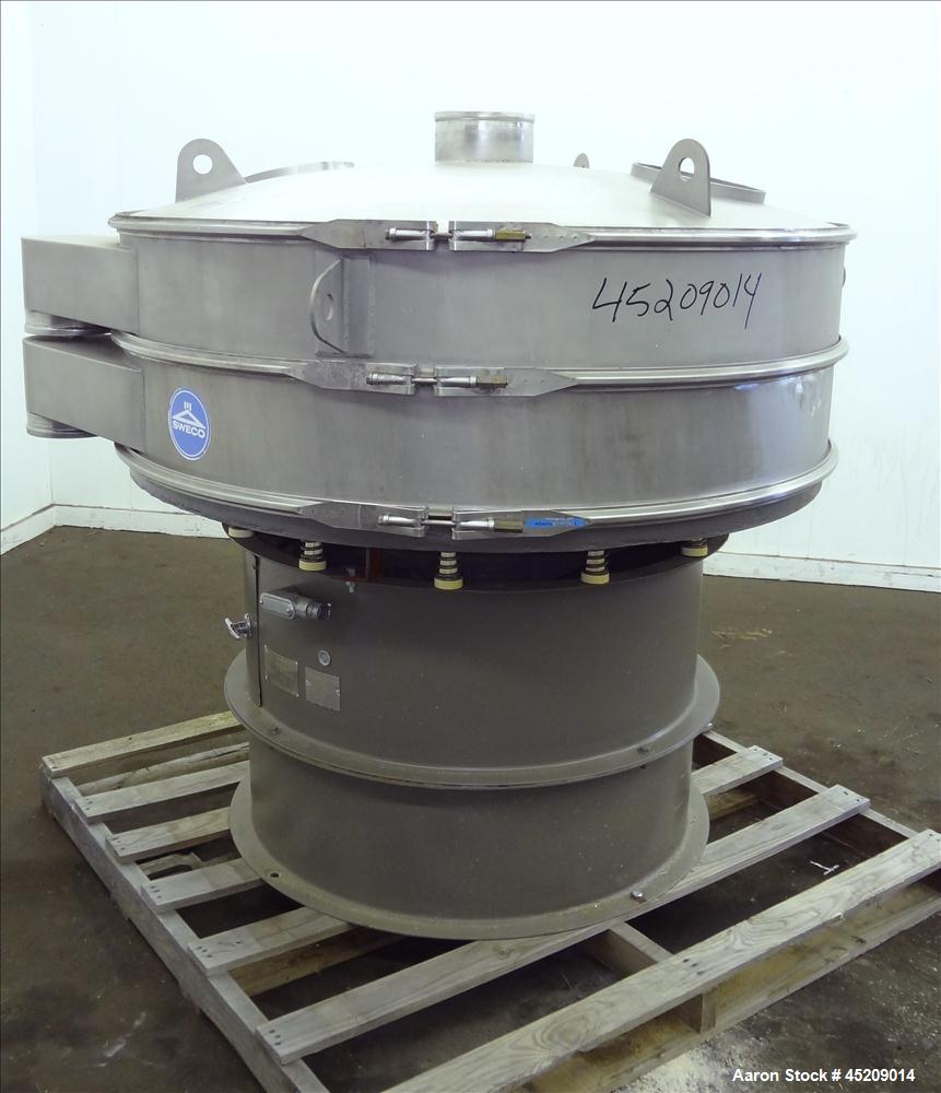 Used Sweco Screener, 60" Diameter, 304 Stainless Steel. Single deck, 2 separations, includes top cover, no screens. Driven by a 2.5 hp, 3/60/460 volt, 1160 rpm motor. Mounted on a carbon steel base. ...