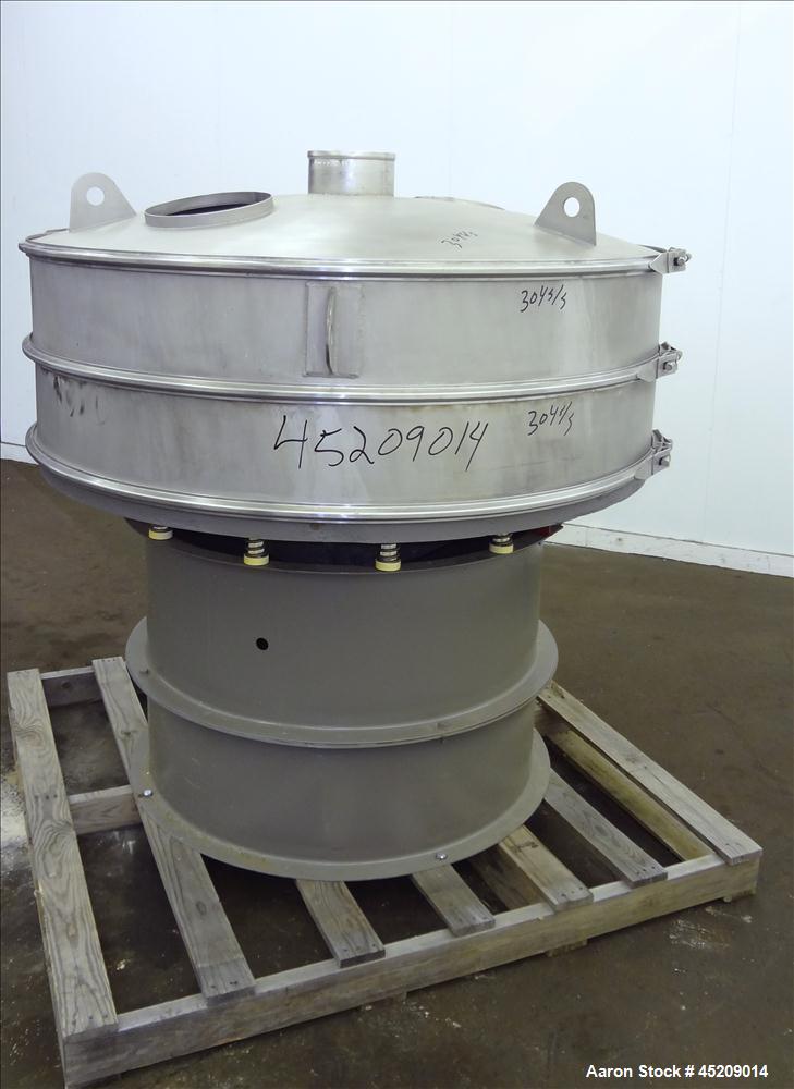 Used Sweco Screener, 60" Diameter, 304 Stainless Steel. Single deck, 2 separations, includes top cover, no screens. Driven by a 2.5 hp, 3/60/460 volt, 1160 rpm motor. Mounted on a carbon steel base. ...