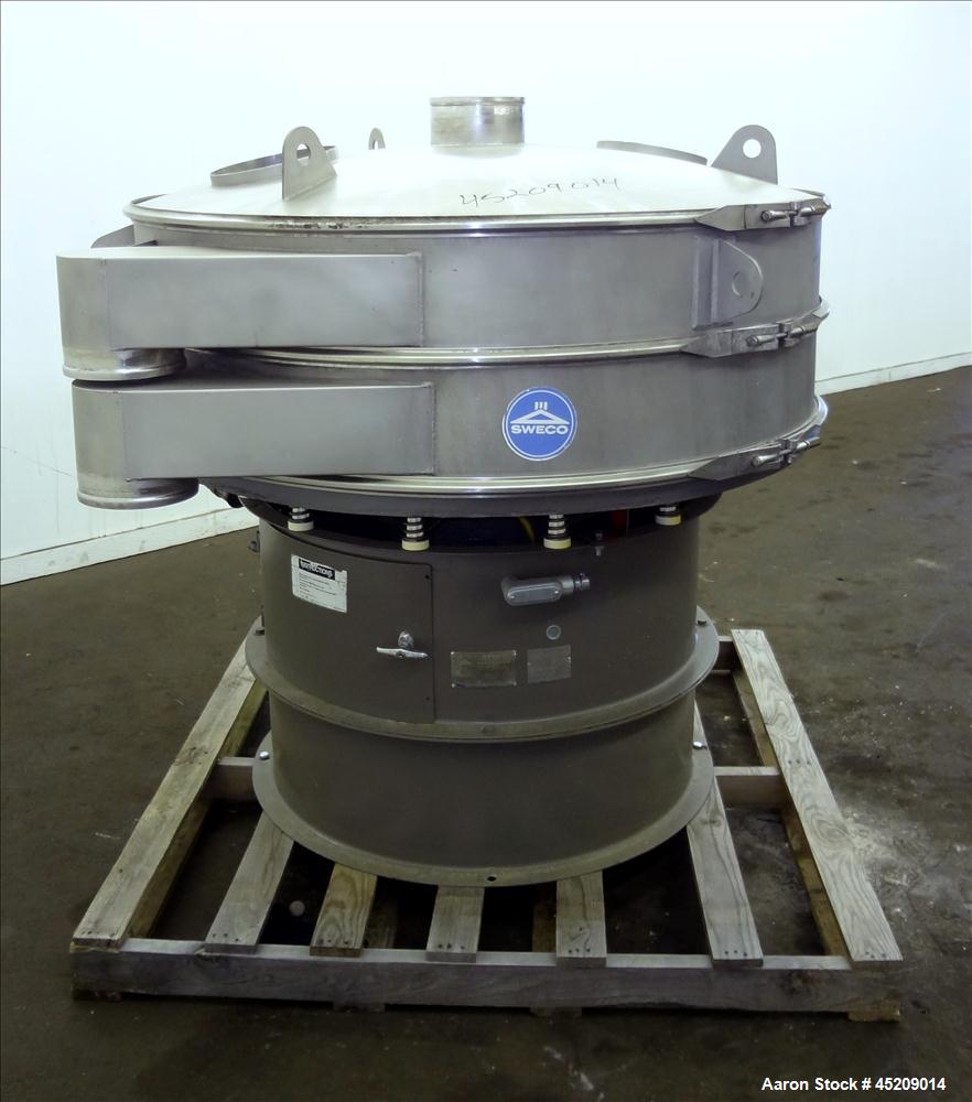 Used Sweco Screener, 60" Diameter, 304 Stainless Steel. Single deck, 2 separations, includes top cover, no screens. Driven by a 2.5 hp, 3/60/460 volt, 1160 rpm motor. Mounted on a carbon steel base. ...