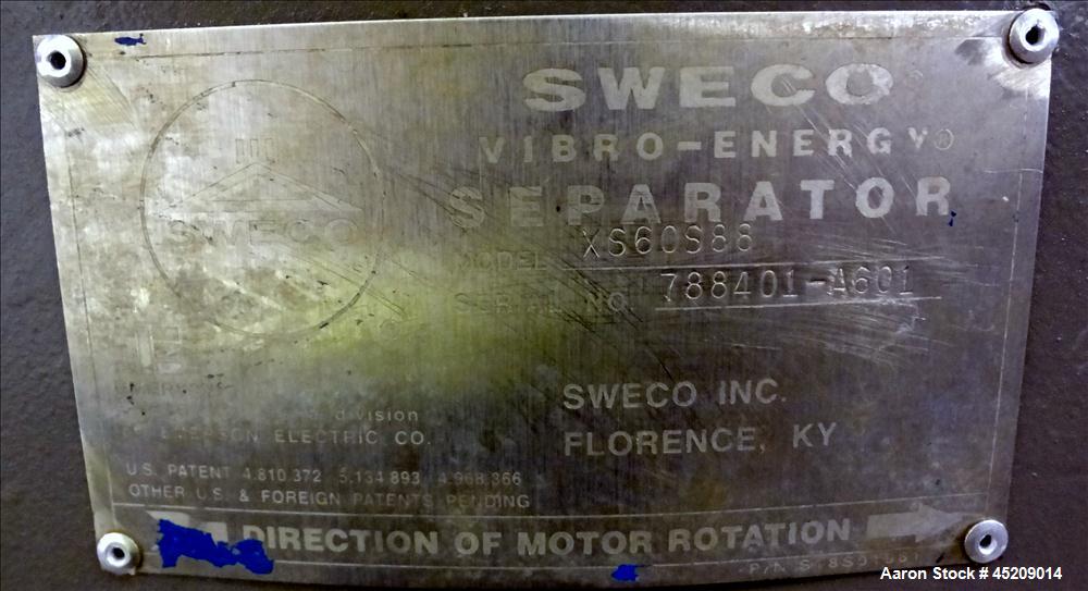 Used Sweco Screener, 60" Diameter, 304 Stainless Steel. Single deck, 2 separations, includes top cover, no screens. Driven by a 2.5 hp, 3/60/460 volt, 1160 rpm motor. Mounted on a carbon steel base. ...