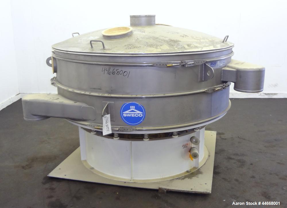 Used Sweco Screener, Model XS72S101412AVTLWC, 304 Stainless Steel. 72” Diameter, single deck, 2 separation, with top cover. Driven by a 5 hp, 3/60/460 volt, 1160 rpm motor. Mounted on a carbon steel ...