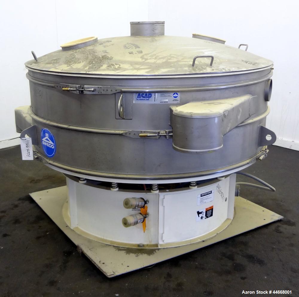Used Sweco Screener, Model XS72S101412AVTLWC, 304 Stainless Steel. 72” Diameter, single deck, 2 separation, with top cover. Driven by a 5 hp, 3/60/460 volt, 1160 rpm motor. Mounted on a carbon steel ...
