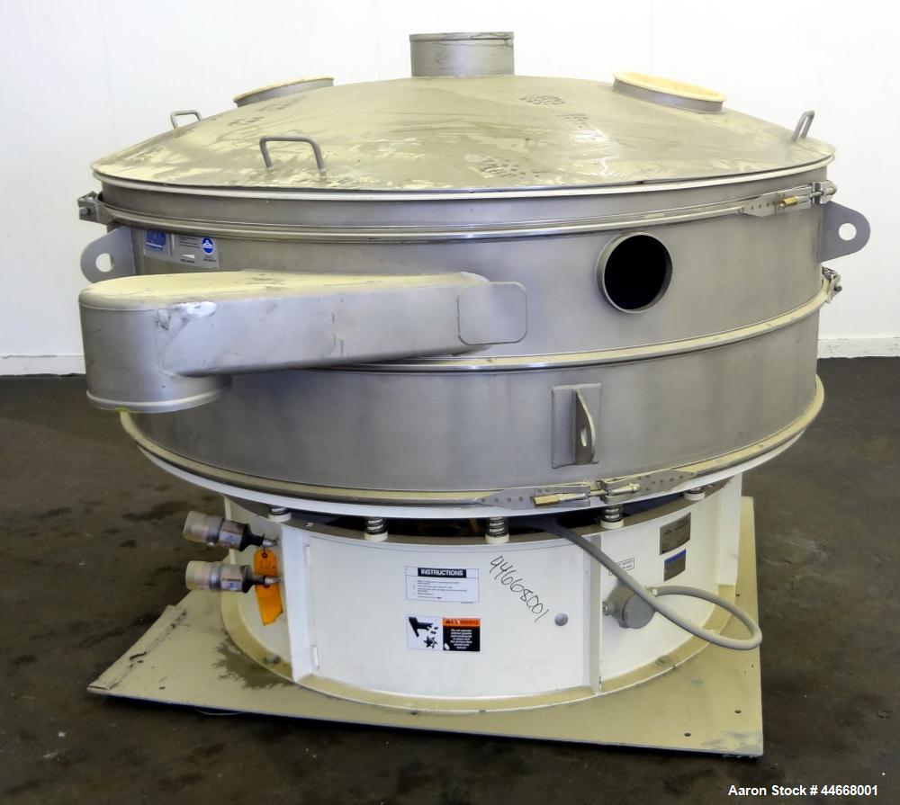Used Sweco Screener, Model XS72S101412AVTLWC, 304 Stainless Steel. 72” Diameter, single deck, 2 separation, with top cover. Driven by a 5 hp, 3/60/460 volt, 1160 rpm motor. Mounted on a carbon steel ...