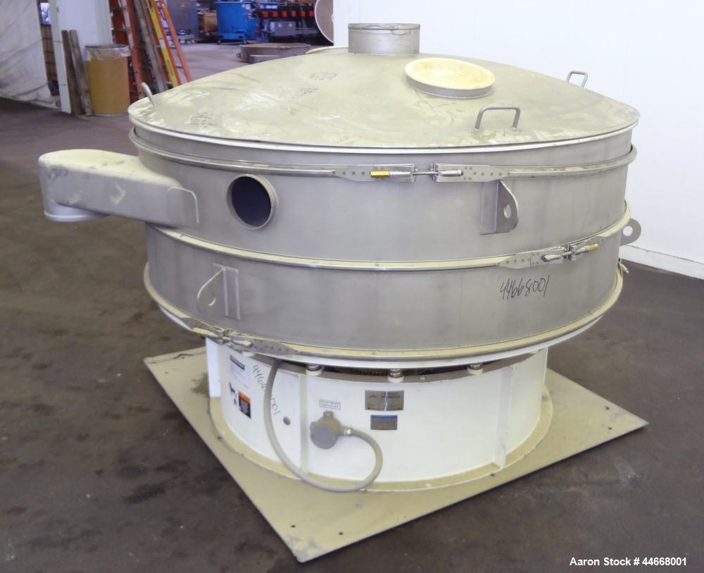Used Sweco Screener, Model XS72S101412AVTLWC, 304 Stainless Steel. 72” Diameter, single deck, 2 separation, with top cover. Driven by a 5 hp, 3/60/460 volt, 1160 rpm motor. Mounted on a carbon steel ...