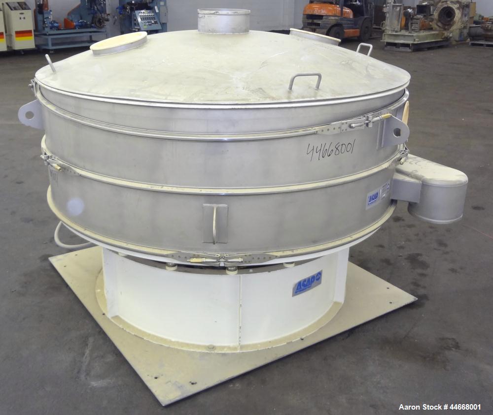 Used Sweco Screener, Model XS72S101412AVTLWC, 304 Stainless Steel. 72” Diameter, single deck, 2 separation, with top cover. Driven by a 5 hp, 3/60/460 volt, 1160 rpm motor. Mounted on a carbon steel ...