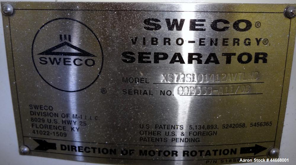 Used Sweco Screener, Model XS72S101412AVTLWC, 304 Stainless Steel. 72” Diameter, single deck, 2 separation, with top cover. Driven by a 5 hp, 3/60/460 volt, 1160 rpm motor. Mounted on a carbon steel ...