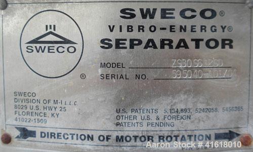 Used Sweco Screener, Model ZS30S612SD, 304 Stainless Steel. 30" diameter, single deck, 2 separation, no top cover. Driven by a 1/2 hp, 3/60/460 volt, 1160 rpm motor. Mounted on a 14" high base extens...