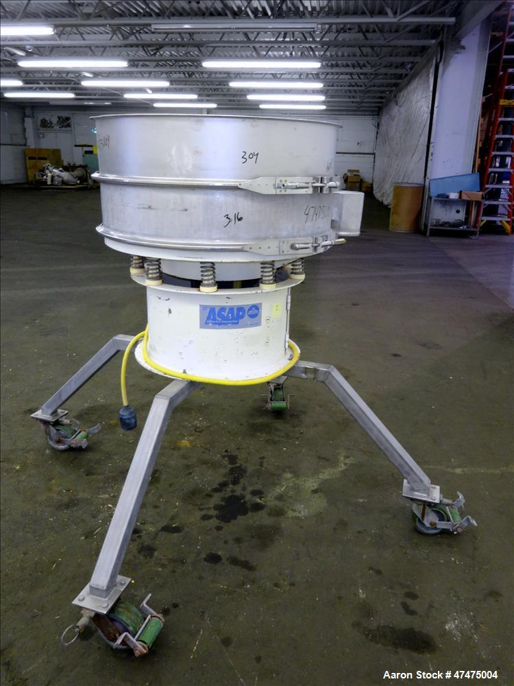 Used Sweco Screener, Model ZS30S666, 304 Stainless Steel. 30" Diameter, single deck, single separation, no top cover. Includes a side deck with no outlets. Driven by a 1/2hp, 3/60/230/460 volt, 1160 ...