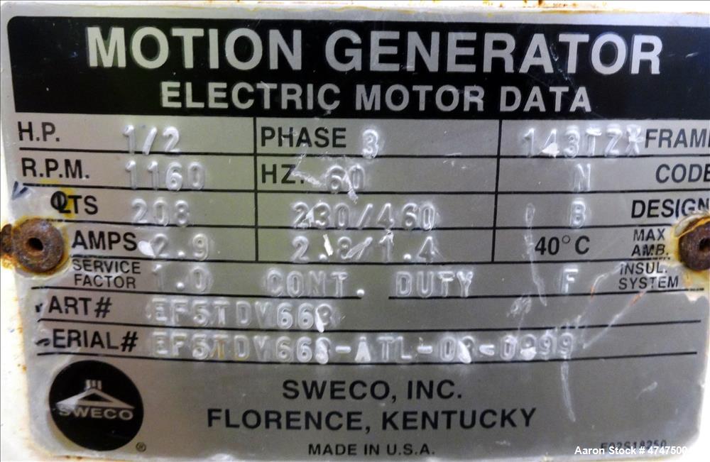 Used Sweco Screener, Model ZS30S666, 304 Stainless Steel. 30" Diameter, single deck, single separation, no top cover. Includes a side deck with no outlets. Driven by a 1/2hp, 3/60/230/460 volt, 1160 ...