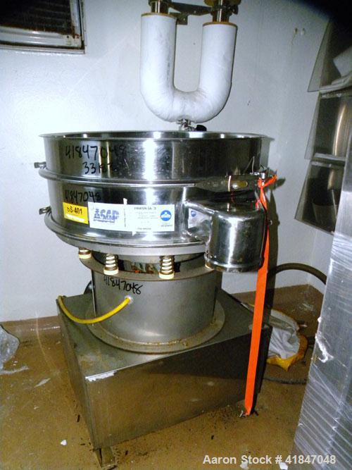 Used Sweco Screener, stainless steel. 30" diameter, single deck, 2 separation. No  top cover. Driven by a 1/2 hp, 3/60/460 volt motor. Mounted on a carbon steel base.
