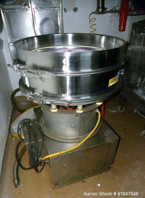 Used Sweco Screener, stainless steel. 30" diameter, single deck, 2 separation. No  top cover. Driven by a 1/2 hp, 3/60/460 volt motor. Mounted on a carbon steel base.