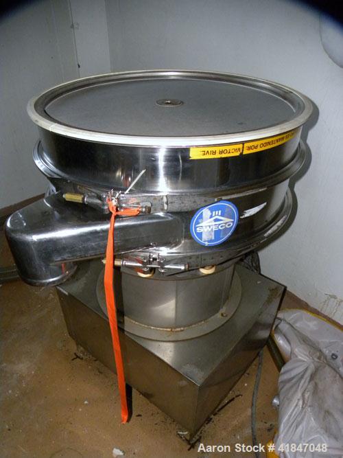 Used Sweco Screener, stainless steel. 30" diameter, single deck, 2 separation. No  top cover. Driven by a 1/2 hp, 3/60/460 volt motor. Mounted on a carbon steel base.