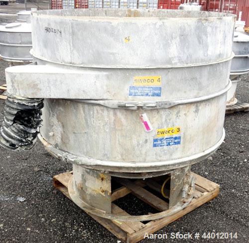 Used Sweco Scalper Screener, 304 Stainless Steel.  60” Diameter single deck, 2 separation.  No top cover.  Driven by an approximately 2-1/2hp motor.  Mounted on a stainless steel base.