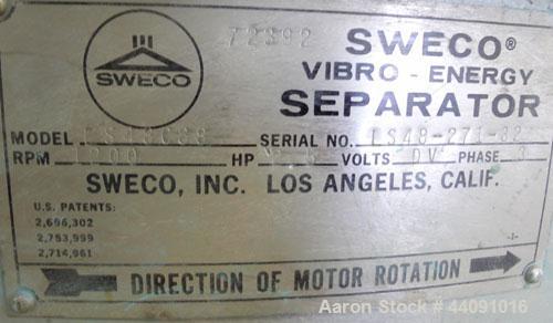 Used Sweco Screener, Carbon Steel. 60” Diameter single deck, 2 separation. No top cover. Driven by a 2.5hp, 3/60/230/460 volt, 1120 rpm motor. Mounted on a carbon steel base.