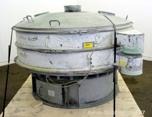 Used Sweco Screener, Carbon Steel. 72” Diameter single deck, 2 separation. Carbon steel top cover. Driven by a 5hp, 3/60/230/460 volt, 1120 rpm motor. Mounted on a carbon steel base.