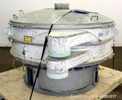 Used Sweco Screener, Carbon Steel. 72” Diameter single deck, 2 separation. Carbon steel top cover. Driven by a 5hp, 3/60/230/460 volt, 1120 rpm motor. Mounted on a carbon steel base.