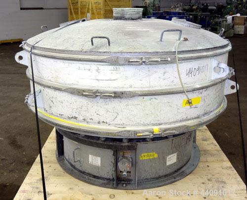 Used Sweco Screener, Carbon Steel. 72” Diameter single deck, 2 separation. Carbon steel top cover. Driven by a 5hp, 3/60/230/460 volt, 1120 rpm motor. Mounted on a carbon steel base.